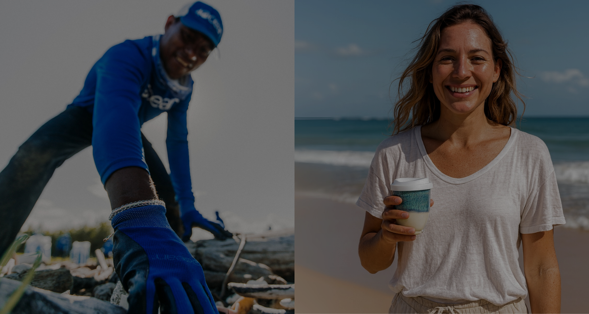 Person cleaning up trash on a beach and a woman holding a coffee cup on the beach.
