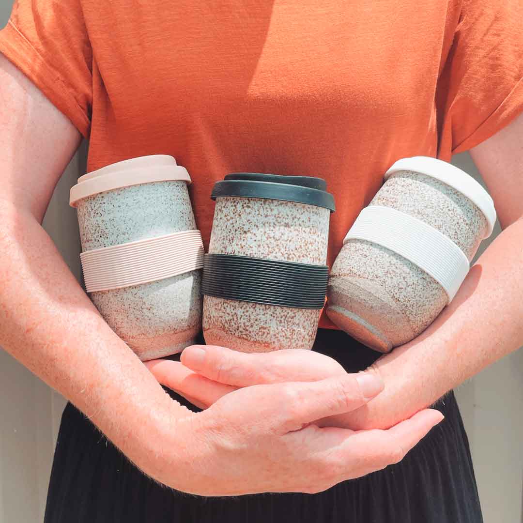Pottery For The Planet Heat Bands on Cups With Matching LIds