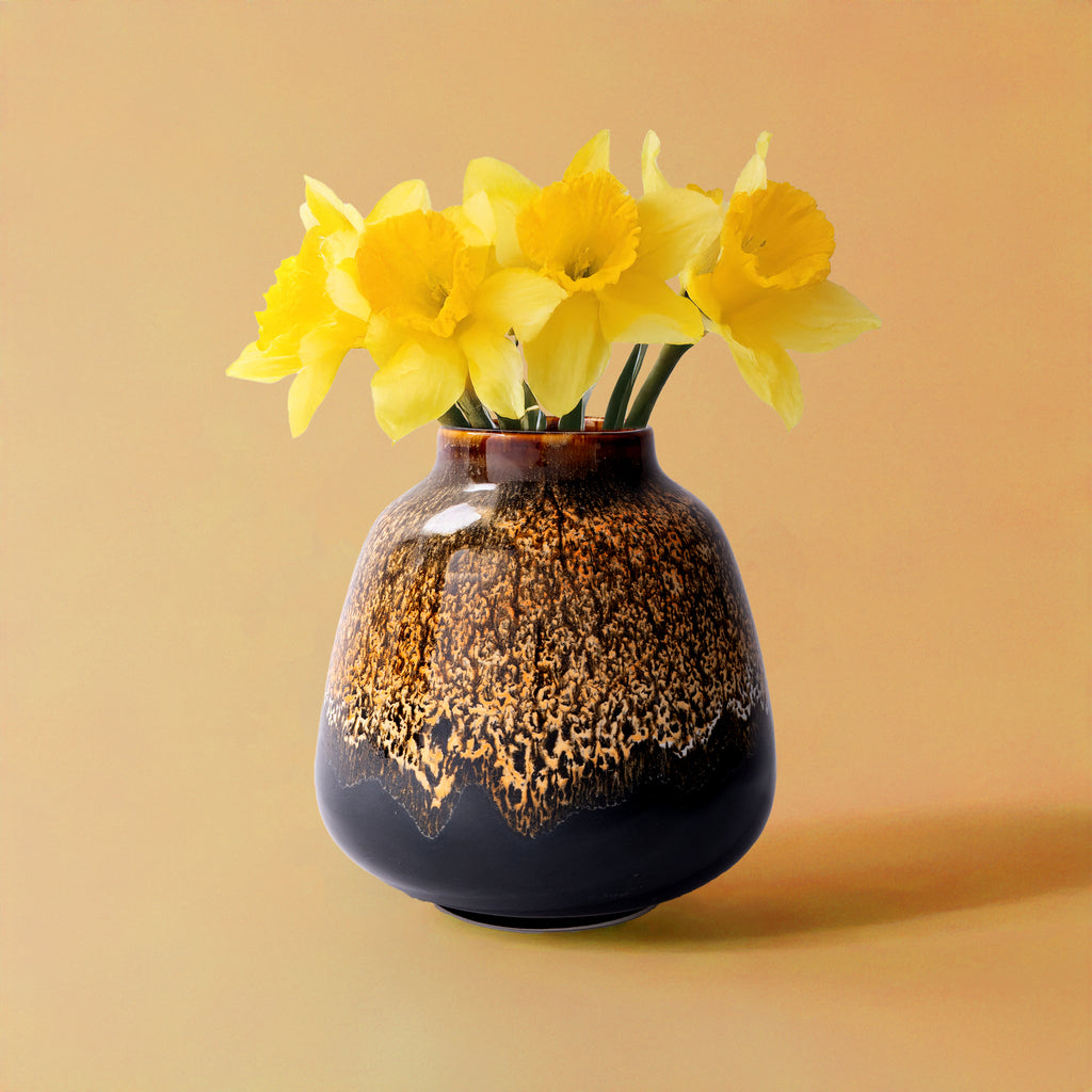 Pottery For The Planet brown and black ceramic bouquet vase for home decor with yellow daffodils