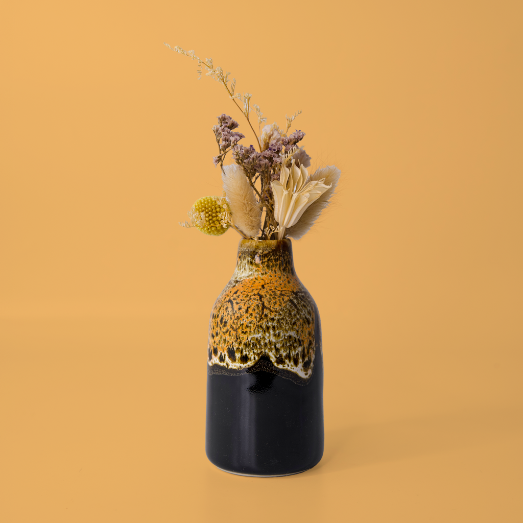 Pottery For The Planet modern decorative flower vase with unique brown and black glaze and dried flowers