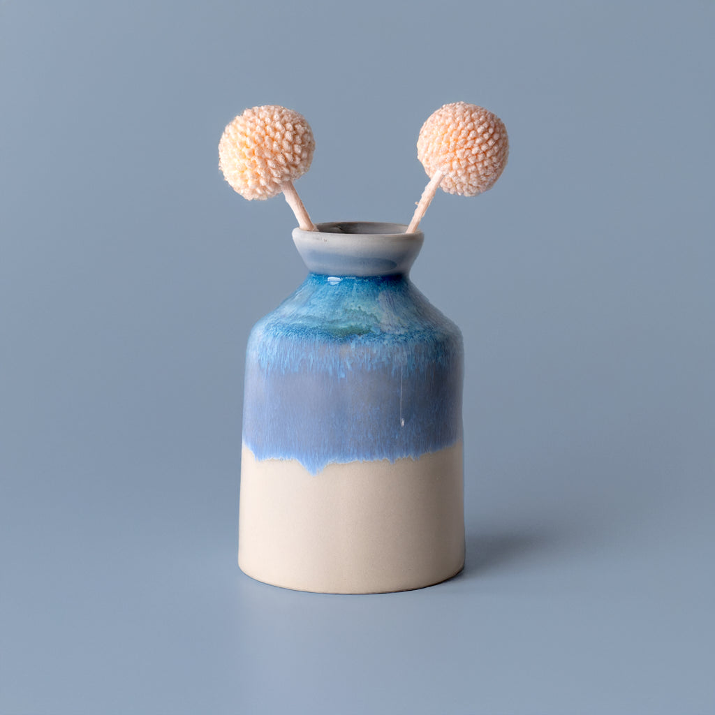 Pottery For The Planet miniature decorative vase for shelf in blue and beige with dried floral accents