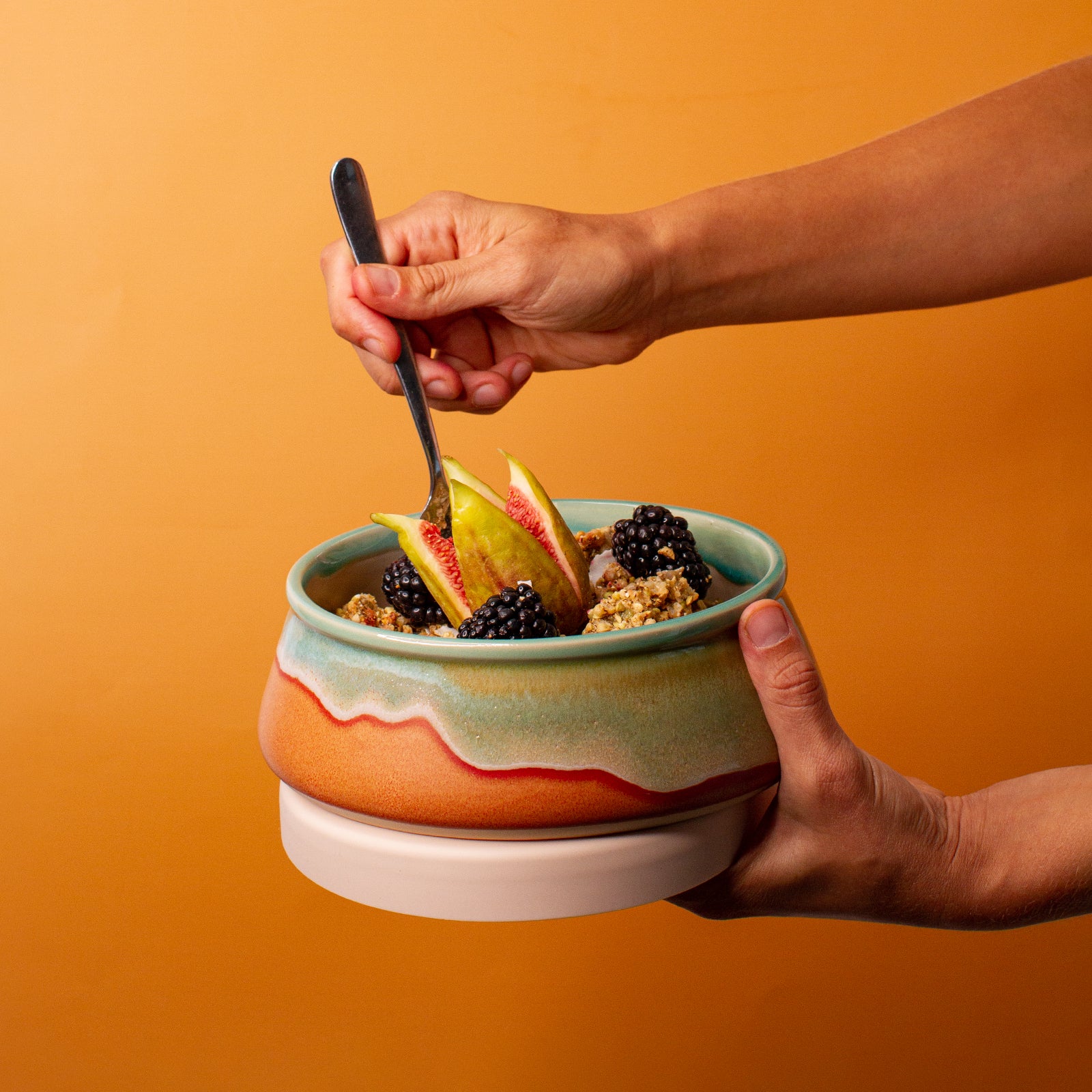 Orange Green Ceramic Bowl with Lid