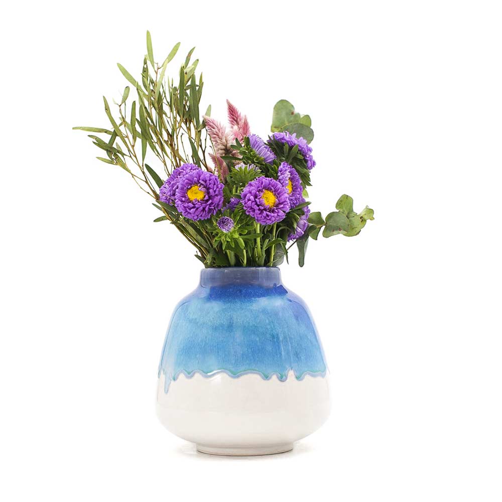 Pottery For The Planet blue and white ceramic bouquet vase for home decor with purple flowers